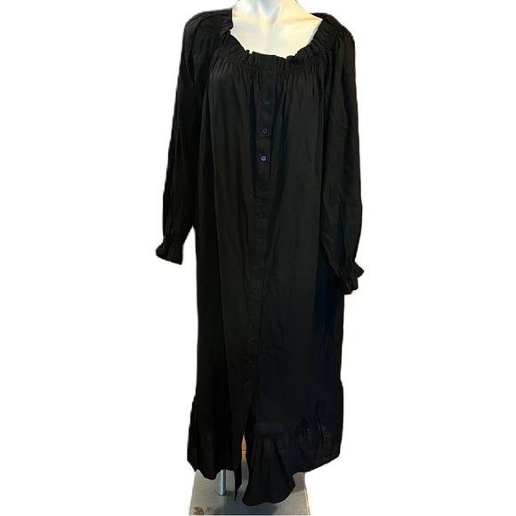 Eloquii Linen Black Dress Button Front Long Sleeves Round Neck Ruffle Hem Midi - Picture 2 of 10